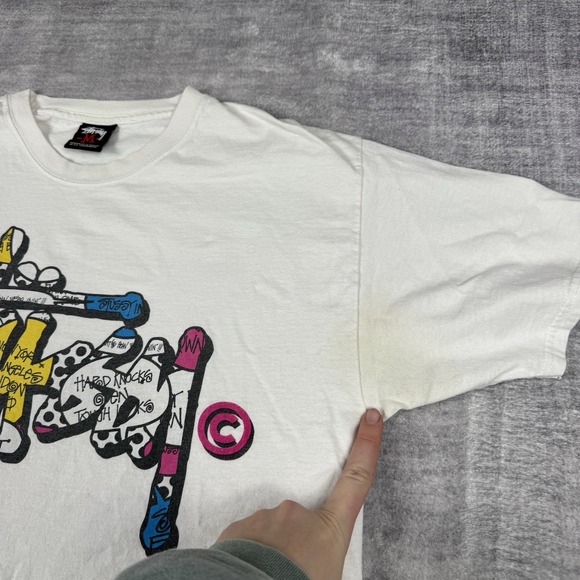 Vtg Stussy Shirt Mens Medium White Y2K Spell Out Graffiti Skate Surf‎ Streetwear - Picture 5 of 11